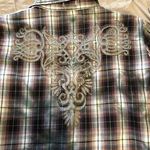 Plaid Button Down Blouse with Glitter Details